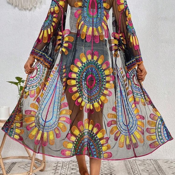 58) Colorful Bohemian Sheer Kimono  embroidered NEW Women’s one size - Picture 3 of 7